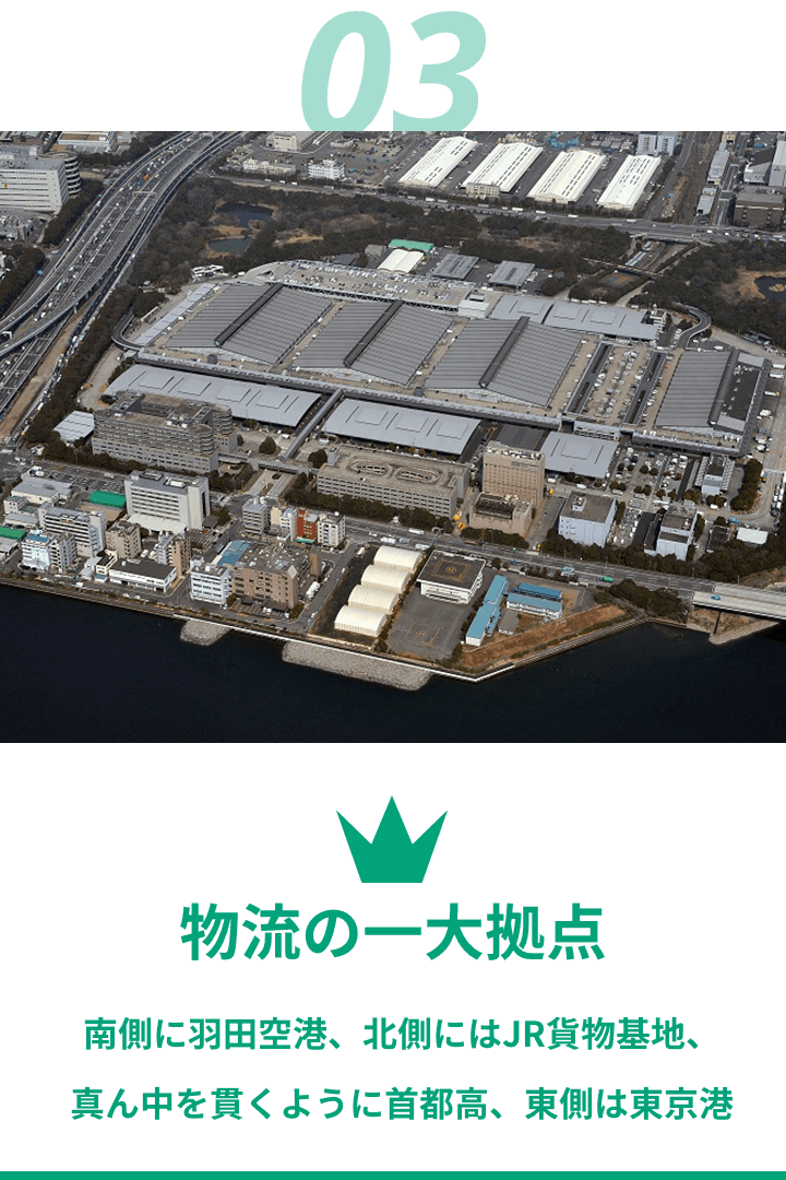 03 物流の一大拠点 南側に羽田空港、北側にはJR貨物基地、真ん中を貫くように首都高、東側は東京港